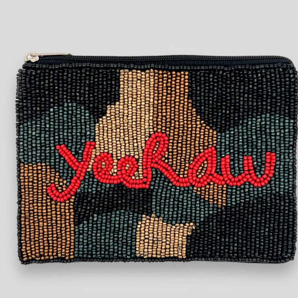 YEE HAW Camo Seed Beaded Pom-Pom Zipper Money Makeup Storage Pouch NEW